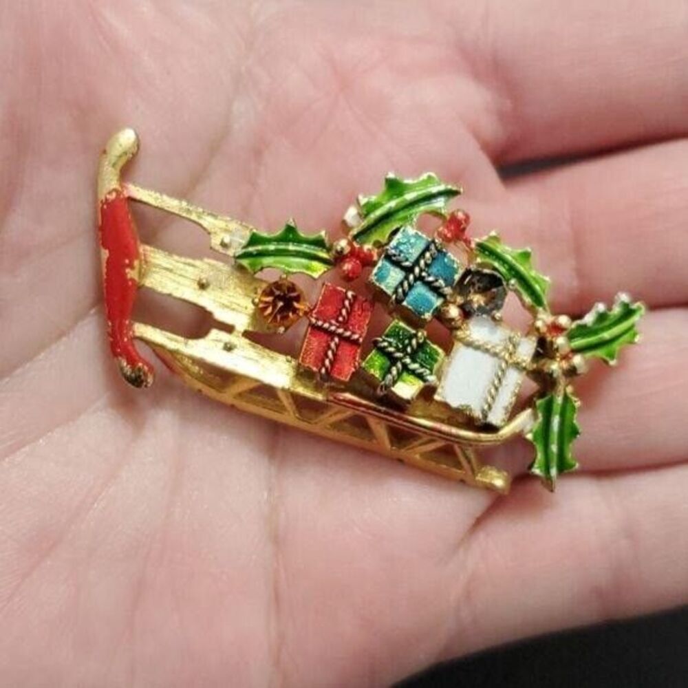 Vintage Weiss holiday sled brooch gold tone red green